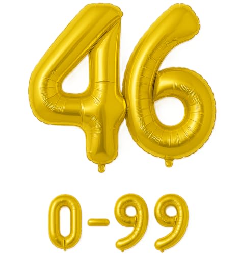 Luftballon 46 Gold | 80 cm Zahlenballon | Folienballon mit Luftröhrchen | Zahlenluftballon für Geburtstag, Jubiläum, Hochzeit, Party & Events | Helium oder Luft | Ballon Zahl | Geburtstagsdeko von brand promotion