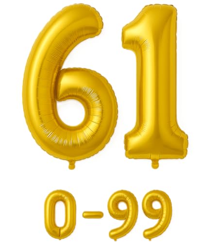 Luftballon 61 Gold | 80 cm Zahlenballon | Folienballon mit Luftröhrchen | Zahlenluftballon für Geburtstag, Jubiläum, Hochzeit, Party & Events | Helium oder Luft | Ballon Zahl | Geburtstagsdeko von brand promotion