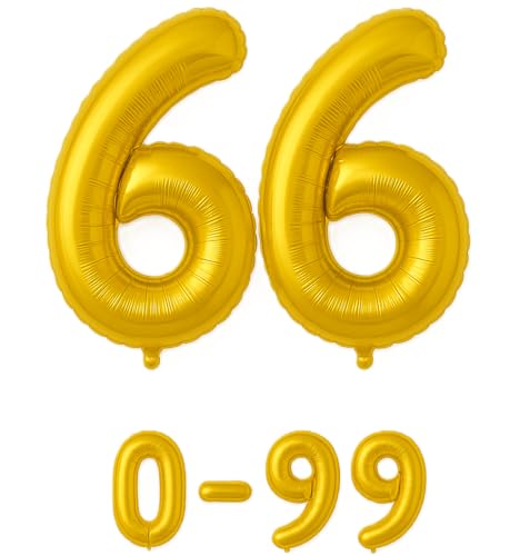 Luftballon 66 Gold | 80 cm Zahlenballon | Folienballon mit Luftröhrchen | Zahlenluftballon für Geburtstag, Jubiläum, Hochzeit, Party & Events | Helium oder Luft | Ballon Zahl | Geburtstagsdeko von brand promotion