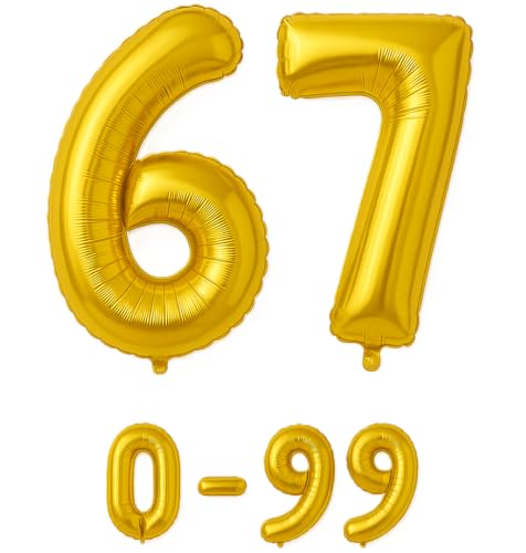 Luftballon 67 Gold | 80 cm Zahlenballon | Folienballon mit Luftröhrchen | Zahlenluftballon für Geburtstag, Jubiläum, Hochzeit, Party & Events | Helium oder Luft | Ballon Zahl | Geburtstagsdeko von brand promotion