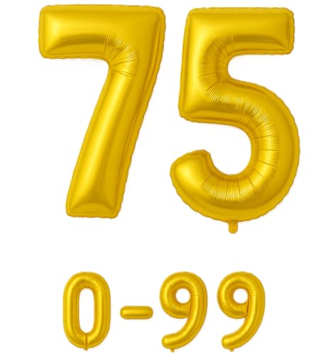 Luftballon 75 Gold | 80 cm Zahlenballon | Folienballon mit Luftröhrchen | Zahlenluftballon für Geburtstag, Jubiläum, Hochzeit, Party & Events | Helium oder Luft | Ballon Zahl | Geburtstagsdeko von brand promotion