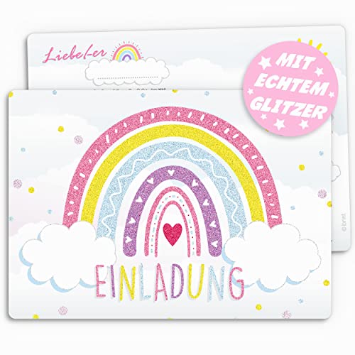 12x GLITZER Einladungskarten Kindergeburtstag | Regenbogen | Mädchen & Jungen | Pastell Einladungen für Geburtstag mit Glitzer | Kinder Geburtstagseinladung Rosa Herz Party Einladung Bunt von brint.