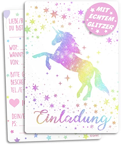 12x GLITZER Einladungskarten Kindergeburtstag | Verzaubertes Einhorn im bunten Sternenregen | Mädchen & Jungen | Regenbogen Einladung Geburtstag Kinder Pferde Geburtstagseinladung Einladungen Rosa von brint.