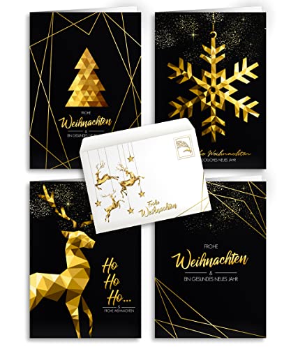 Weihnachtskarten mit Umschlägen - 20 Stück | Modern Design - Gold | 4 Motive + passender Umschlag | Für Familie, Freunde & geschäftlich | Edel Weihnachtskarten-Set Klappkarten mit Umschlag Set von brint.