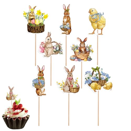 Oster-Cupcake-Toppers – Set mit 8 niedlichen Hasen-Dekorationen, bunte Designs | Oster-Cupcake Topper mit Kaninchen Cupcake Topper Birne Ostern für Ostern Cupcake Pas von brooksnaji