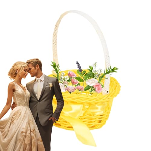 Rattan-Korb, Mädchenkorb – Aufbewahrung des runden Blumenständers | Dekorativer Picknickkorb mit Griff für Hochzeitsdekoration zu Hause von brooksnaji