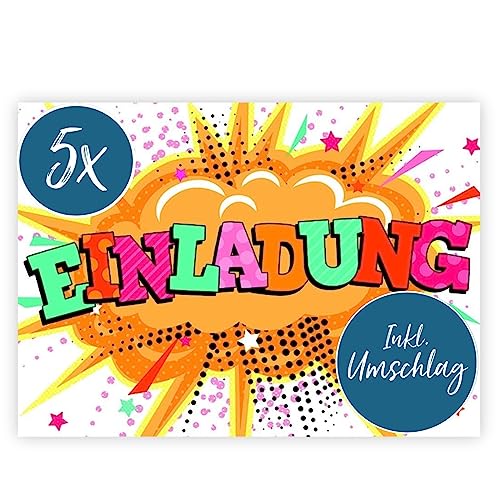 bsb 5 Allgemeine Einladungskarten - Einladungskarten Geburtstag & Kindergeburtstag mit Knall-Motiv - Einladung verschiedene Anlässe - Geburtstagseinladungen in 10,5 x 14,5 cm von bsb