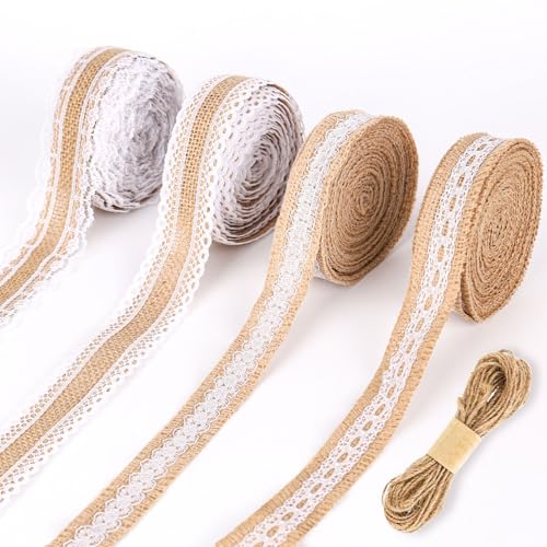 bssmmai 20 M Juteband mit Spitze,4 Rollen Natürliche Jute Bänder + 20M JuteSchnur, Spitzenbordüre Dekoband Rolle für Geschenkverpackung Hochzeit DIY Basteln Hausdeko bssmmai 20 M Juteband mit Spitze,4 Rollen Natürliche Jute Bänder + 20M JuteSchnur, Spitzenbordüre Dekoband Rolle für Geschenkverpackung Hochzeit DIY Basteln Hausdeko von bssmmai
