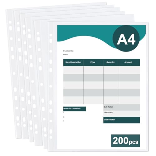 bssmmai 200 Stück Klarsichthüllen A4, Klarsichtfolien A4 glasklar (DIN A4, 60 My),Universelle 11 Loch Perforationen A4 Ablageformat Klarsichtfolien A4 für Broschüren Ordner Loseblätter Dokumente von bssmmai