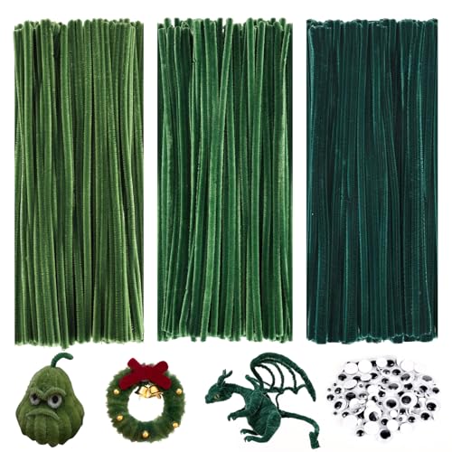 bssmmai 300 Stück Pfeifenputzer zum Basteln Grün, Pfeifenreiniger Grün, 3 Verschiedene Grüne Pfeifenputzer mit 100 Wackelaugen Selbstklebend für Kreative DIY-Projekte und Basteldeko für Kinder von bssmmai