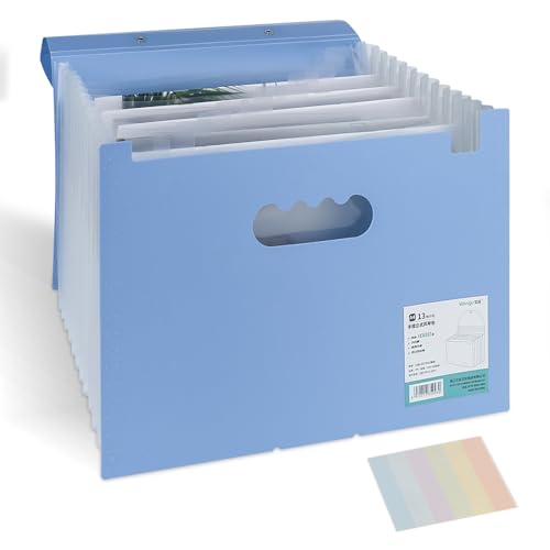 bssmmai Ordner A4/Dokumentenmappe,13 Fächern Sortiermappe Fächermappe Datei Organizer Akkordeon,Tragbare Handheld-Ordner,A4 Dokumententasche mit Bunten Labeln von bssmmai