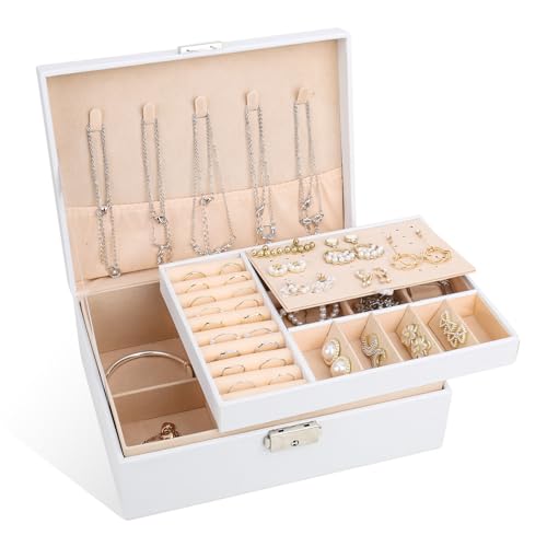 bssmmai Schmuckkästchen für Damen Mädchen, 2-schichtige Schmuckschatulle, Schmuckkästchen Groß, Schmuckaufbewahrung,PU-Leder Schmuckkasten für Ringe Ohrringe Halsketten Armbänder, Weiß bssmmai Schmuckkästchen für Damen Mädchen, 2-schichtige Schmuckschatulle, Schmuckkästchen Groß, Schmuckaufbewahrung,PU-Leder Schmuckkasten für Ringe Ohrringe Halsketten Armbänder, Weiß von bssmmai