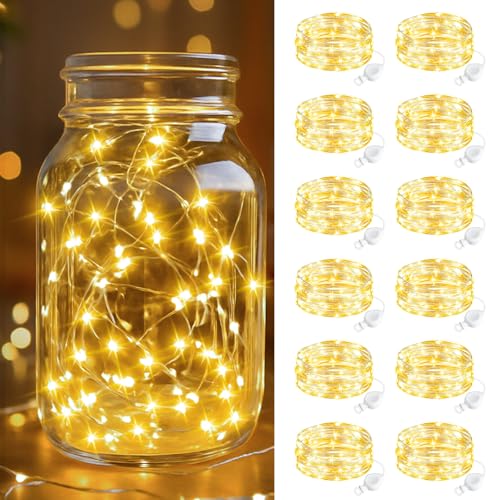 btfarm 12 Stück LED Lichterkette mit Batterie Klein, 2M 20LED Mini Lichterkette Batteriebetrieben, Wasserdicht Lichterkette Draht mit Knopfzelle für Weihnachten Hochzeit Party Innen Deko, WarmWeiß von btfarm