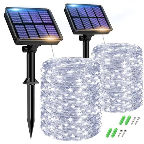 btfarm 2 Stück Solar Lichterkette Aussen, 15M 150 LED Solarlichterkette Außen Wetterfest 8 Modi IP65 Wasserdicht Kupferdraht Lichterkette Außen Solar Outdoor für Garten Baum Hof Party (Kaltweiß) von btfarm
