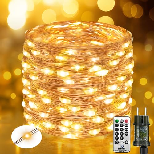 btfarm 20M 200 LED Lichterkette Innen mit Stecker Fernbedienung, Lichterketten Außen Strom aus Kupferdraht mit Timer 8 Modi Wasserdicht für Weihnachten Zimmer Party Hochzeit Garten Deko, Warmweiß von btfarm