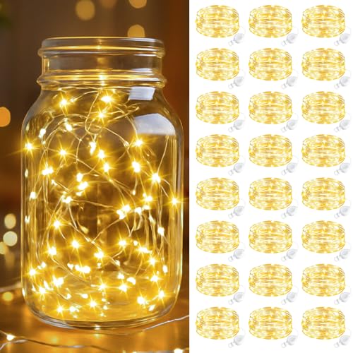 btfarm 24 Stück LED Lichterkette mit Batterie Klein, 2M 20LED Mini Lichterkette Batteriebetrieben, Wasserdicht Draht mit Knopfzelle für Weihnachten Hochzeit Party Innen Deko, WarmWeiß von btfarm