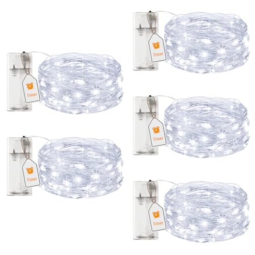 btfarm 5 Stück LED Lichterkette Batterie mit Timer, 2M 20 LED Micro Silberdraht Lichterkette Innen Batteriebetrieben für Party Weihnachten Hochzeit Halloween Innen Deko, Kaltes Weiß von btfarm