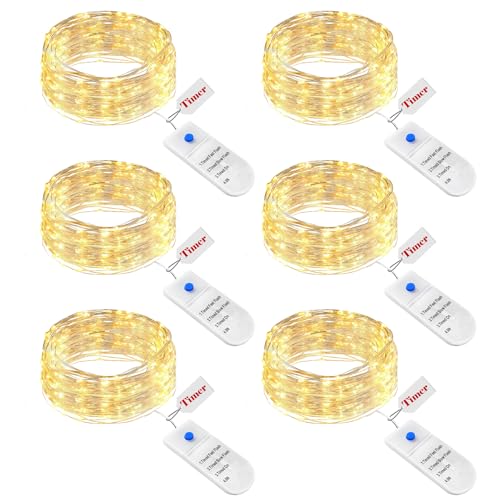 btfarm 6 Stück Lichterkette Batterie mit Timer, 2M 20 LED Silberdraht Mini Lichterketten Klein, Batteriebetrieben Lichterkette Draht für Innen Weihnachten Hochzeit Party Deko (Warmweiß) von btfarm