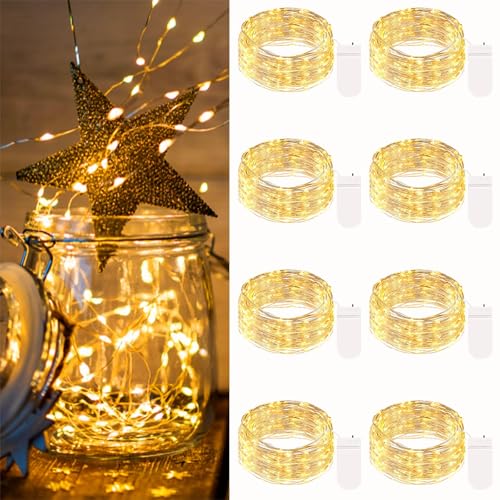 btfarm 8 Stück 20LED Mini Lichterkette mit Batterie Klein, 2M Silberdraht Kleine Lichterkette Batteriebetrieben, Micro Lichterkette Draht für Innen Weihnachten Hochzeit Party Deko, WarmWeiß von btfarm