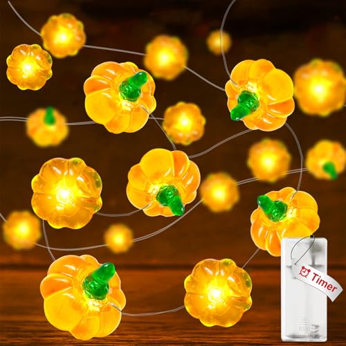 btfarm Kürbis Lichterkette Batterie mit Timer, 2M 20 LED Kürbis Herbst Mini Lichterketten Innen Batteriebetrieben (AA Batterie) für Halloween, Party, Zimmer Deko, Warmweiß von btfarm