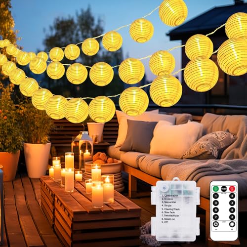 btfarm Lichterkette Batterie Lampions mit Fernbedienung, 6.5M 15 LED Lampions Wasserdicht mit Timer, 8 Modi Wasserdicht Lampion Batterie für Balkon Hochzeit Party Hof Innen Deko von btfarm
