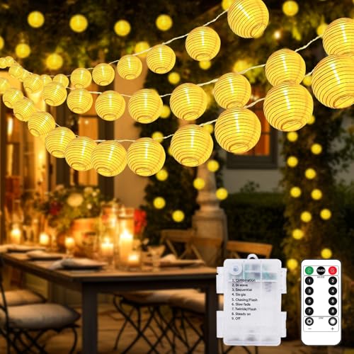btfarm Lichterkette Batterie Lampions mit Fernbedienung, 8M 20 LED Lampions Wasserdicht mit Timer, 8 Modi Wasserdicht Lampion Batterie für Balkon Hochzeit Party Hof Innen Deko von btfarm