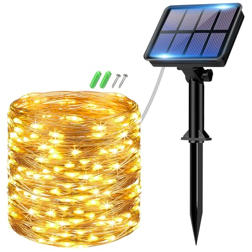 btfarm Solar Lichterkette Aussen, 1x10M 100 LED Solarlichterkette Außen Wetterfest 8 Modi IP65 Wasserdicht Kupferdraht Lichterkette Außen Solar Outdoor für Garten Terrasse Baum Hof Party (Warmweiß) von btfarm