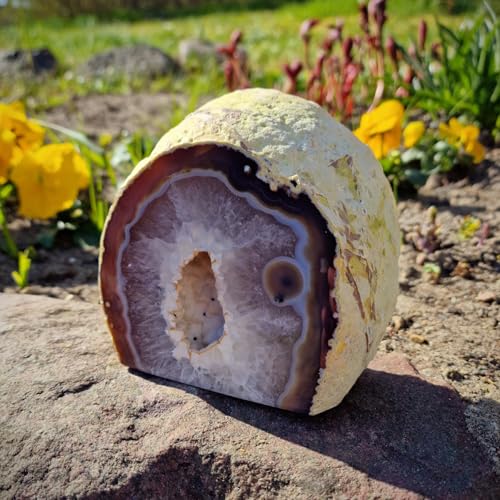 budawi® Natur Achat Edelstein Druse Dekostein polierte Vorderseite | Rückseite naturbelassen | Einzelstück von budawi