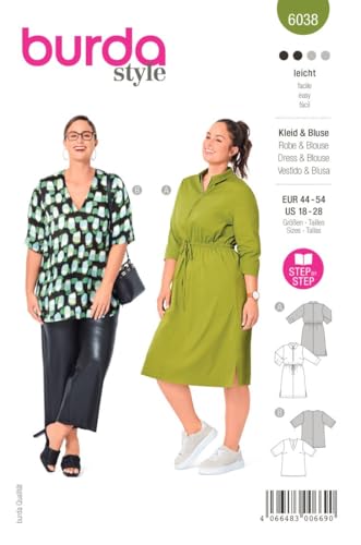 Burda Style Katalog-Schnittmuster Kleid mit Gummizug und Tunika | Damen, Gr. 44-54 | Nählevel: Leicht #6038 von Burda