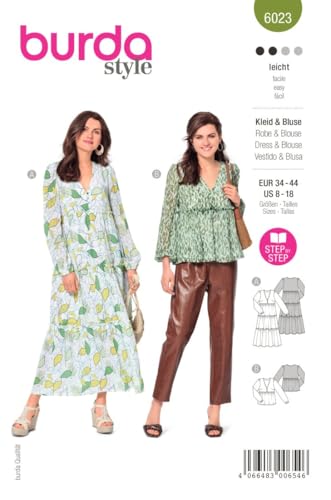 Burda Style Katalog-Schnittmuster Romantisches Kleid und semitransparente Bluse | Damen, Gr. 34-44 | Nählevel: Leicht #6023 von Burda