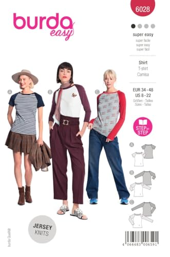 Burda Style Katalog-Schnittmuster Shirts mit abgesetzten Ärmeln | Damen, Gr. 34-48 | Nählevel: Sehr leicht #6028 von Burda