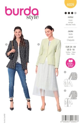 Burda Style Katalog-Schnittmuster Taillierte Jacke mit Reißverschluss | Damen, Gr. 34-44 | Nählevel: Mittel #6029 von Burda