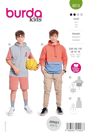 burda kids Schnittmuster Kinder #9213 Hoodie mit Color-Blocking und Taschenklappen & Kapuze Gr. 140-176 von burdastyle