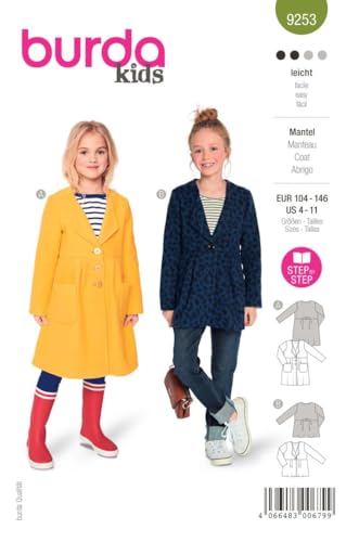 burda style Burda Schnittmuster, 9253, Kids Mantel selber nähen [Kinder, Gr. 104 - 146] Level 2 für Anfänger, mehrfarbig von burdastyle