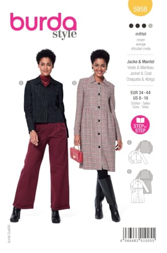 burda style Schnittmuster, 5958, Jacke und Mantel selber nähen [Damen, Gr. 34 - 44] Level 3 für Fortgeschrittene, mehrfarbig von burdastyle