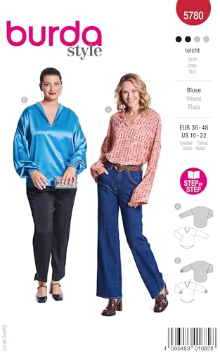 burda style Schnittmuster #5780 Damen Langarm Bluse mit V-Ausschnitt Gr. 36-48 Nählevel 2 (leicht) mit Step-by-Step Anleitung von burdastyle