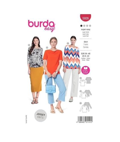 burdastyle Schnittmuster 5926 | Shirts mit Wasserfallausschnitt zum selber nähen | Damen, Gr. 34-48 | Nählevel: sehr leicht von Burda Style