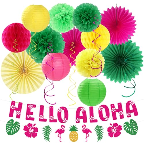 Hawaiianische Aloha-Luau-Flamingo-Party-Dekorationen, 21 Stück, Hello Banner, Pool-Papierlaternen, Waben, Strand-Thema, Luftschlangen, Girlande, Seiden-Pompons, Blumenfächer, tropische Hawaiianische Aloha-Luau-Flamingo-Party-Dekorationen, 21 Stück, Hello Banner, Pool-Papierlaternen, Waben, Strand-Thema, Luftschlangen, Girlande, Seiden-Pompons, Blumenfächer, tropische von burgleda