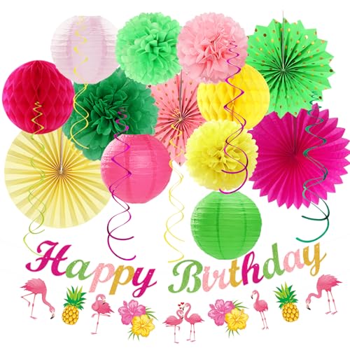 Hawaiianische Luau-Geburtstagsparty-Dekorations-Zubehör – 21 Stück Happy Banner, Strand-Papierlaternen, Waben, Flamingo-Pool-Luftschlangen, Girlande, Sommer-Tissue-Pompons, Blumen, Fächer, tropisches Hawaiianische Luau-Geburtstagsparty-Dekorations-Zubehör – 21 Stück Happy Banner, Strand-Papierlaternen, Waben, Flamingo-Pool-Luftschlangen, Girlande, Sommer-Tissue-Pompons, Blumen, Fächer, tropisches von burgleda