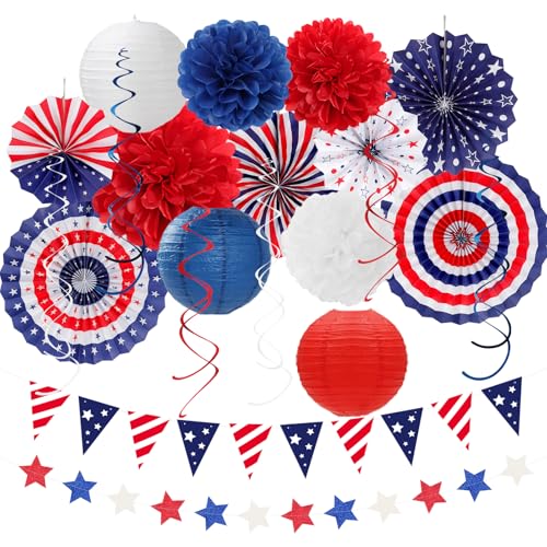 Patriotische Dekorationen für Gedenktage, rot-weiß-blau, 21 Stück, Papierlaternen, Fächer für den 4. 4. Juli, Seidenbommel, Luftschlangen, Wabenbälle, Unabhängigkeitsbanner in den USA Burgleda Patriotische Dekorationen für Gedenktage, rot-weiß-blau, 21 Stück, Papierlaternen, Fächer für den 4. 4. Juli, Seidenbommel, Luftschlangen, Wabenbälle, Unabhängigkeitsbanner in den USA Burgleda von burgleda