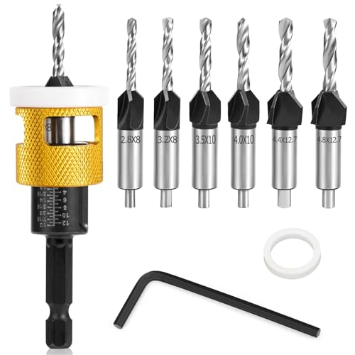 Kegelsenker-Bohrer-Set mit geringer Reibungstiefenanschlag, 2,8 x 8, 3,2 x 8, 3,5 x 10, 4 x 10, 4,4 x 12,7, 4,8 x 12,7 mm, Gelb, 8-teiliges Set von burtok