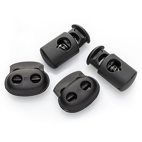 buttinette Kordelstopper-Set, schwarz, für Kordeln bis 5 mm Ø und 6 mm Ø, Inhalt: 4 Stück von buttinette