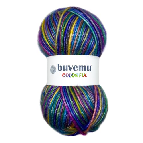 Buntes selbststreifendes mehrfarbiges flauschiges Garn mit dezentem Glanz, 56 % Polyester, 44 % Acryl, je 100 g (230 m) (Regenbogen II, Blau, Lila, Grün, Gelb, Orange, Fuchsia) von buvemu