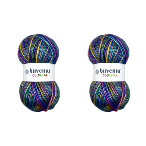 Buntes selbststreifendes mehrfarbiges flauschiges Garn mit dezentem Glanz, 56 % Polyester, 44 % Acryl, je 100 g (230 m) (Regenbogen II – Blau, Lila, Grün, Gelb, Orange, Fuchsia) von buvemu