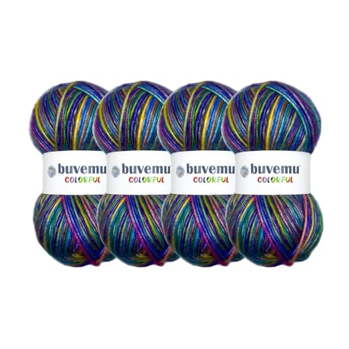 Buntes selbststreifendes mehrfarbiges flauschiges Garn mit dezentem Glanz, 56 % Polyester, 44 Acryl, je 100 g (230 m) (Regenbogen II – Blau, Lila, Grün, Gelb, Orange, Fuchsia) von buvemu