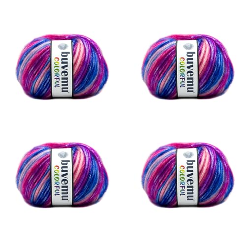 Buvemu Buntes selbststreifendes mehrfarbiges flauschiges Garn mit dezentem Glanz, 56 % Polyester, 44 % Acryl, je 115 m (4 Knäuel) (Violett – Rosa, Blau, Flieder, Fuchsia) von buvemu