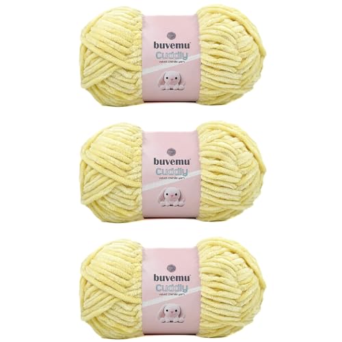 Kuscheliges Samt-Chenille-Garn, super weich, flauschig, sperrig zum Stricken, Häkeln, Decke Amigurumi, langlebig zum Ausfallen, 100 g, 100 m (Buttergelb) (3 Knäuel) von buvemu