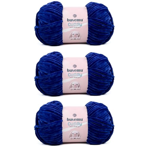 Kuscheliges Samt-Chenille-Garn, super weich, flauschig, sperrig zum Stricken, Häkeln, Decke Amigurumi, langlebig zum Ausfallen, 100 g, 100 m (Kobaltblau) (3 Knäuel) von buvemu