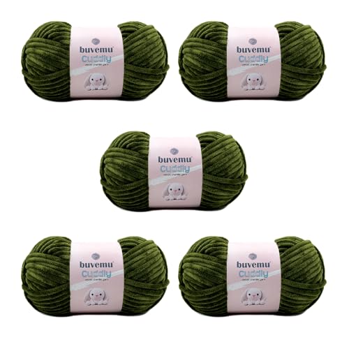 Kuscheliges Samt-Chenille-Garn, super weich, flauschig, sperrig zum Stricken, Häkeln, Decke Amigurumi, langlebig zum Ausfallen, 100 g, 100 m (Olivgrün) (5 Knäuel) von buvemu