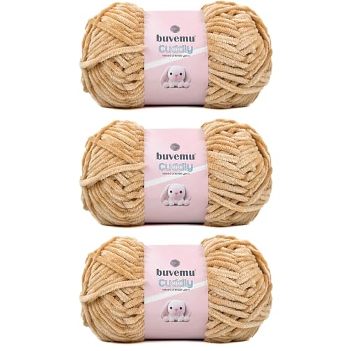 Kuscheliges Samt-Chenille-Garn, super weich, flauschig, sperrig zum Stricken, Häkeln, Decke Amigurumi, langlebig zum Ausfallen, 100 g, 100 m (Sandbraun) (3 Knäuel) von buvemu